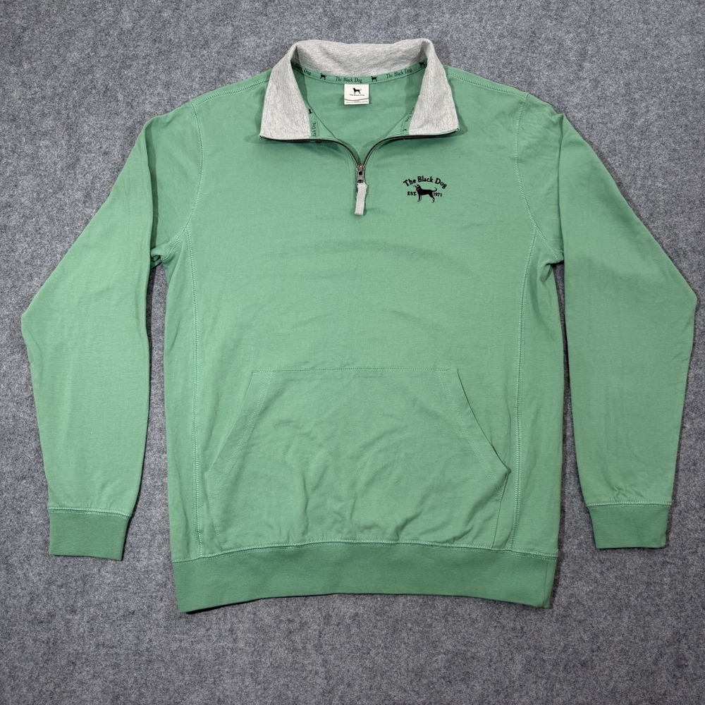 The Black Dog Quarter Zip Pullover Mens S Sage Green Cotton Logo Pocket Martha’s